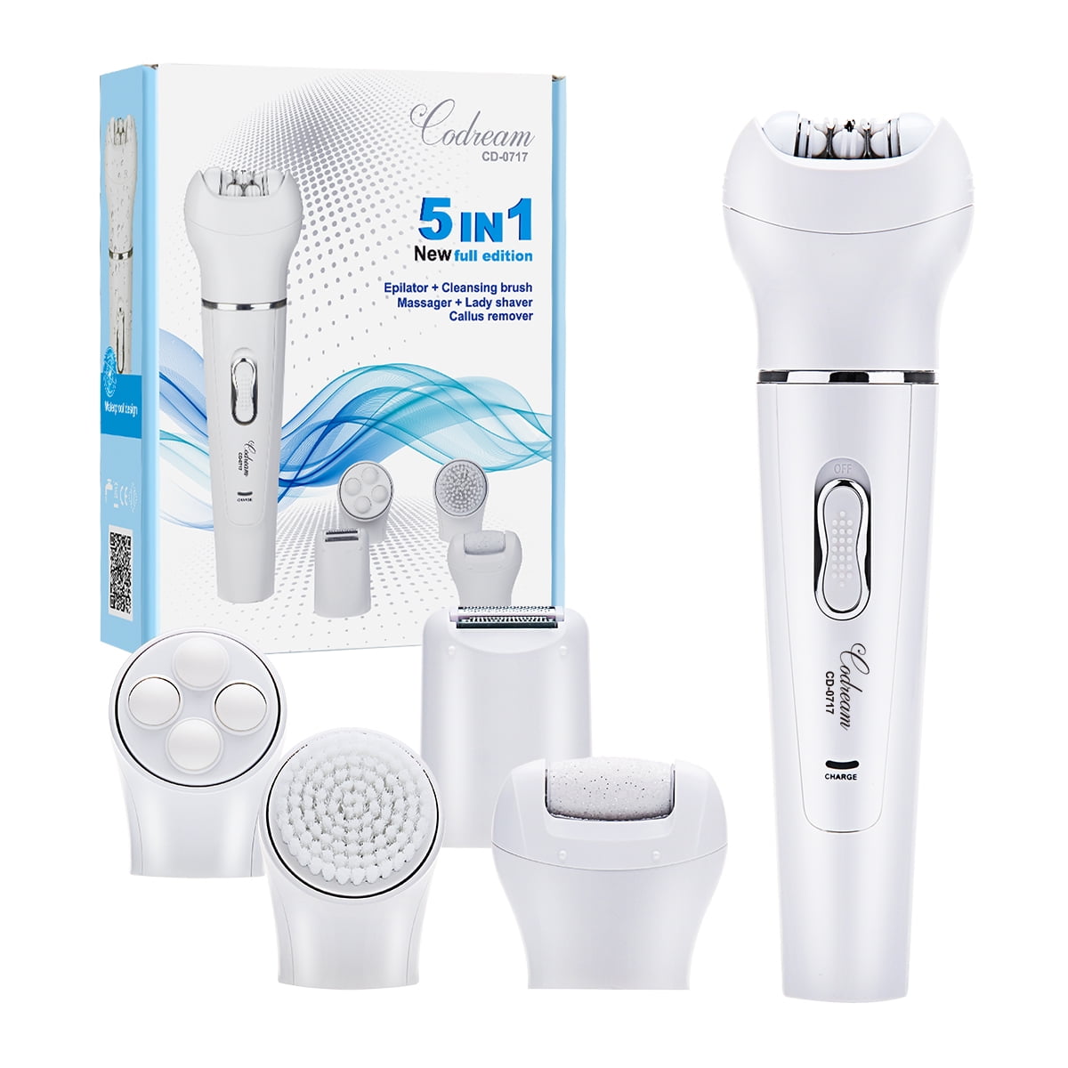 5-in-1 Electric Callus Remover Pedicure Buffer, Lady Shaver, Epilator, Facial Cleansing Brush & Face Massage - Wet & Dry