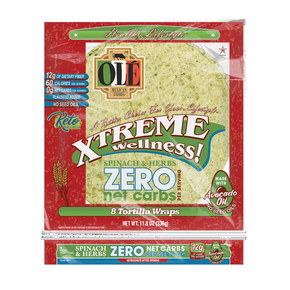Olé Mexican Foods Xtreme Wellness Zero Net Carbs Spinach & Herbs Soft Taco Flour Tortillas, 11.8 oz, 8 Count