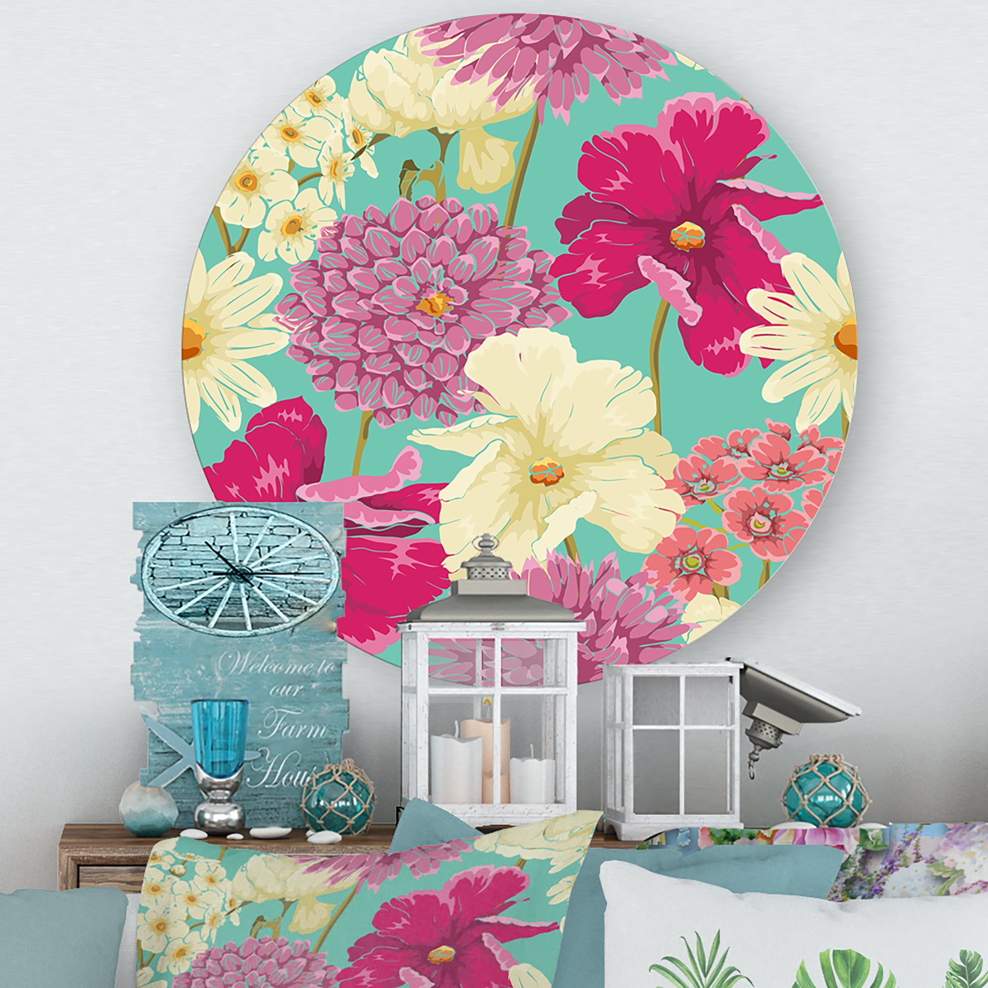 Designart 'Vintage Yellow and Pink Flowers' Traditional Circle Metal Wall Art 23x23 - Disc of 23
