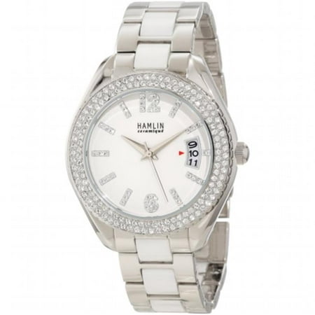 Gennco HACL0416-002 Hamlin Ladies Stainless Steel Austrian Crystals Watch - White Ceramic with Crystal Indices