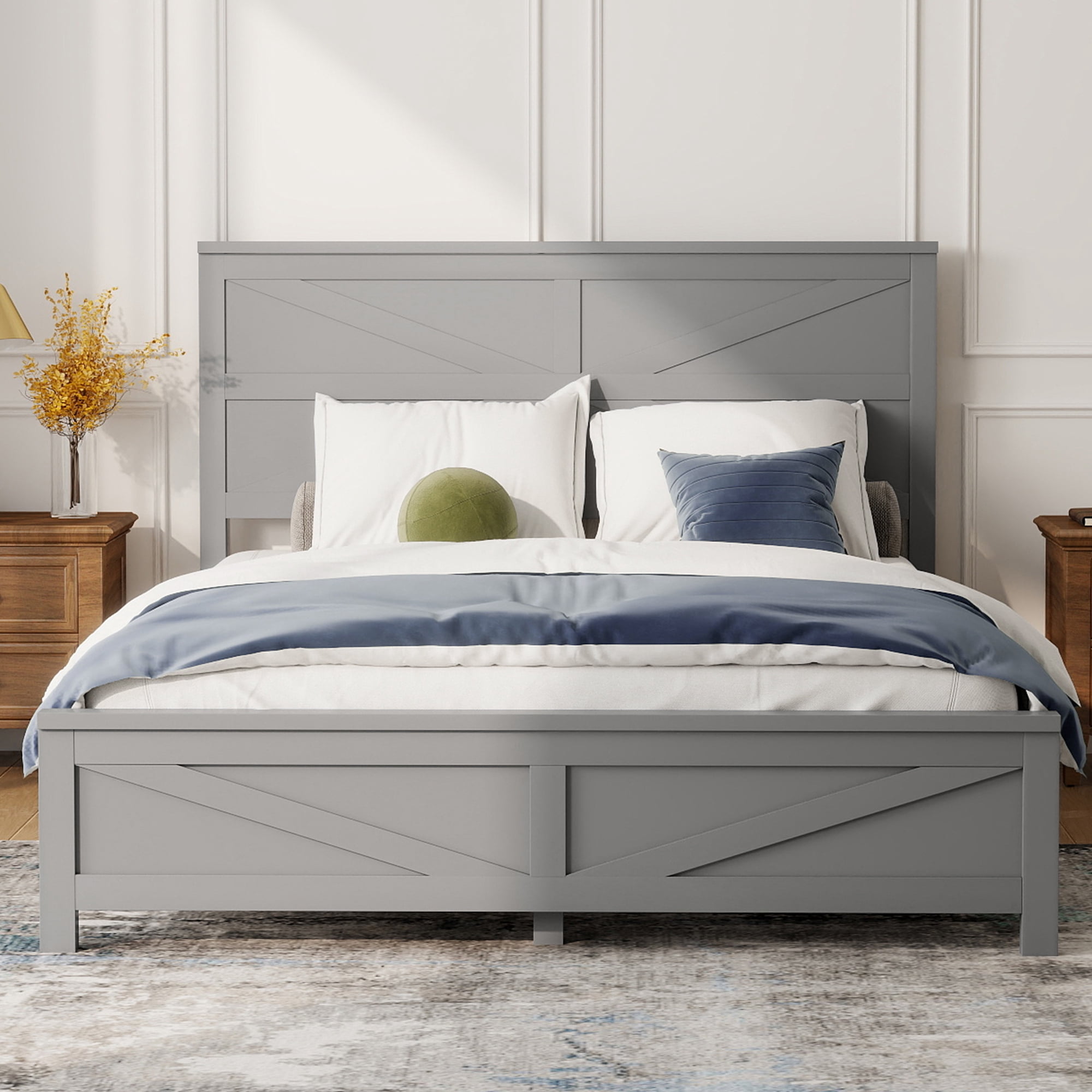 Leumius Farmhouse Style Queen Size Bed with Barn Door Designed Headboard and Footboard, Pinewood Bed with Strengthened Bed Frame for Teens Adults Grey