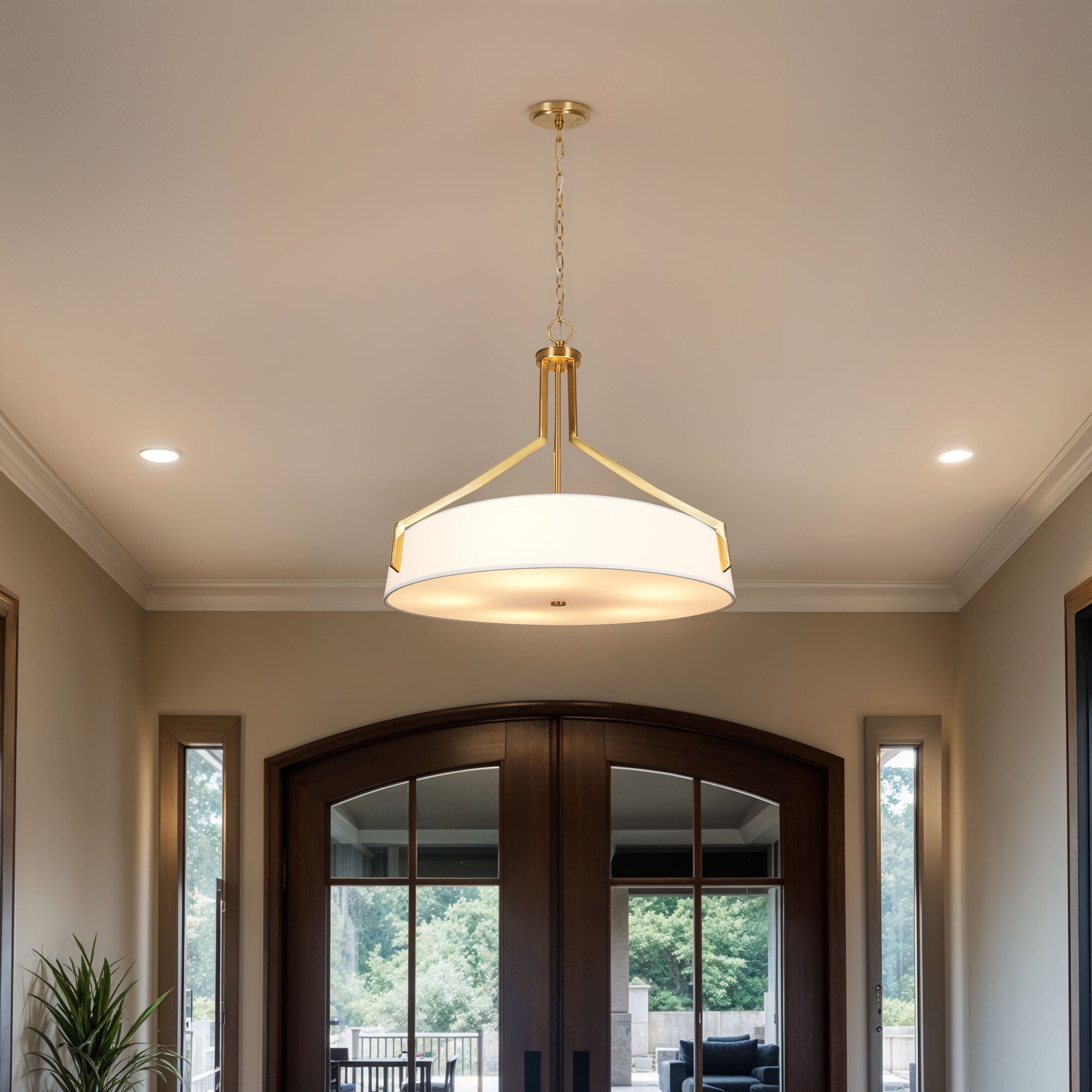 Kenroy Home Thayne 24'' Pendant Light Fixture with Off-White Fabric Drum Shade for Dining Room, Kitchen Table, Bathroom, Foyer, or Entryway, Brushed Gold