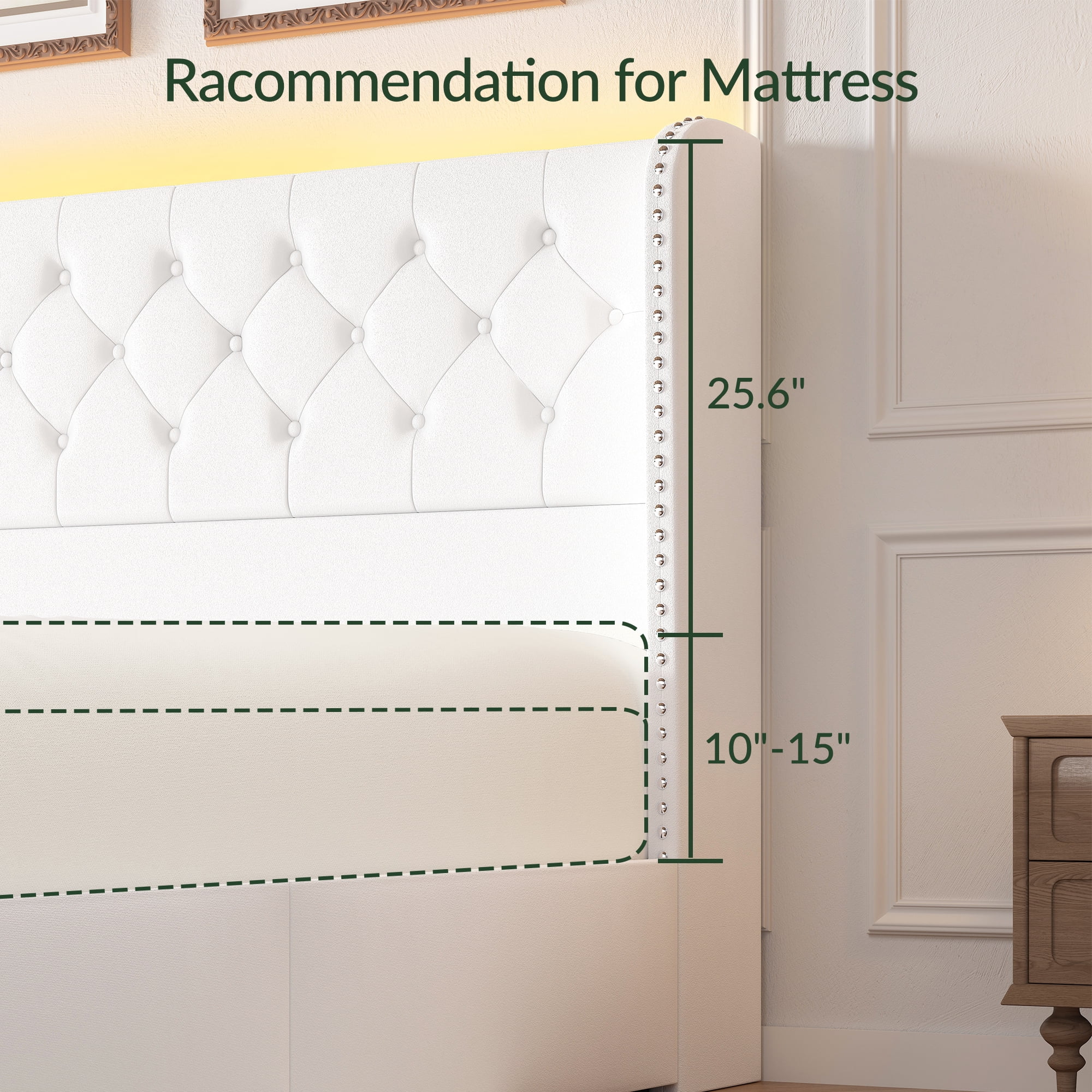 Breltam King Size Bed Frame with Storage Drawers and Tufted Headboard Velvet Upholstered Platform Bed Frame with LED Light Wingback, White