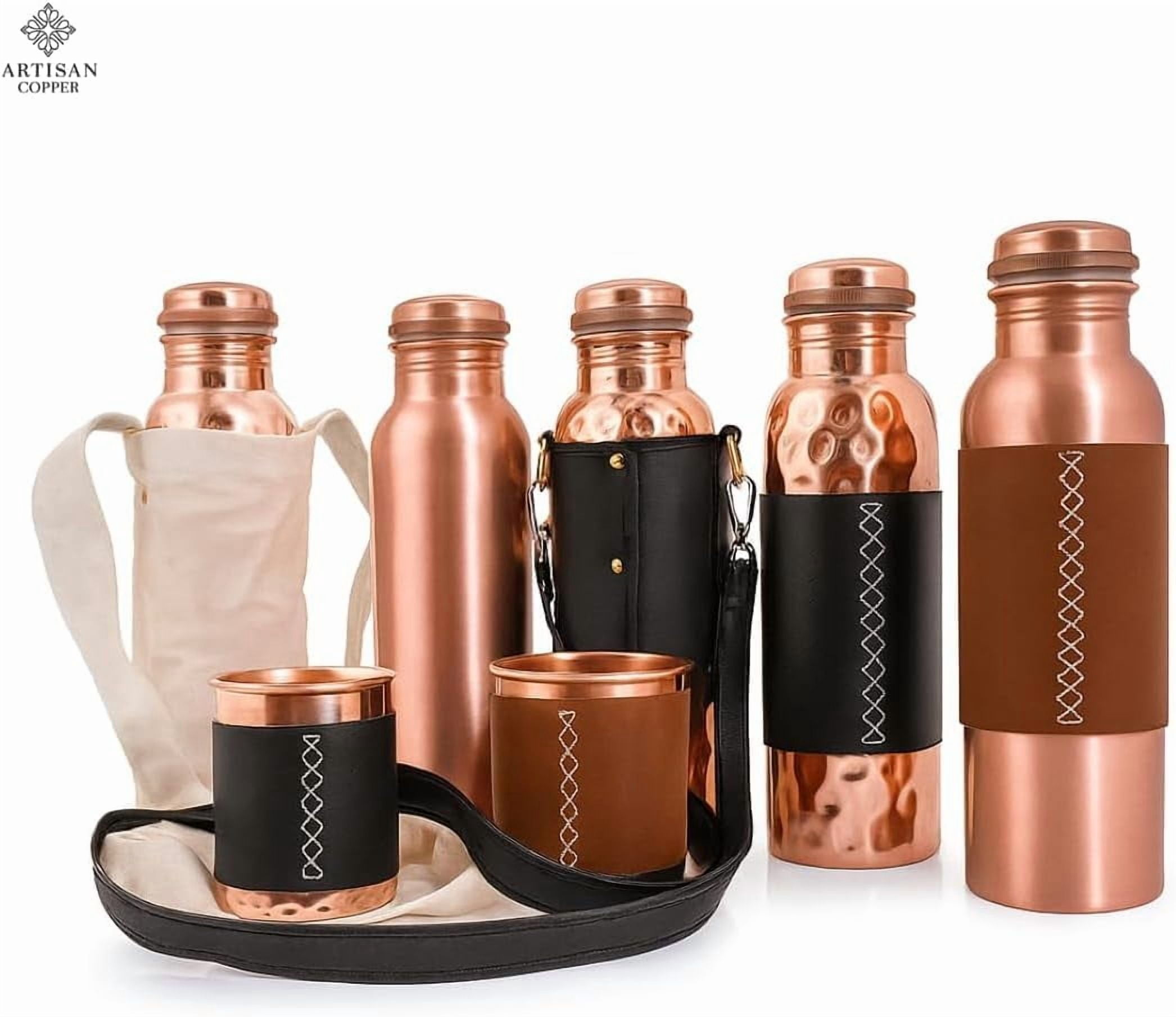 Artisan Copper Ayurvedic Copper Water Bottle 32oz Handcrafted Hammered Botte for Driking with Tumbler and Wooden Brush Leak Proof and Reusable Water Vessel