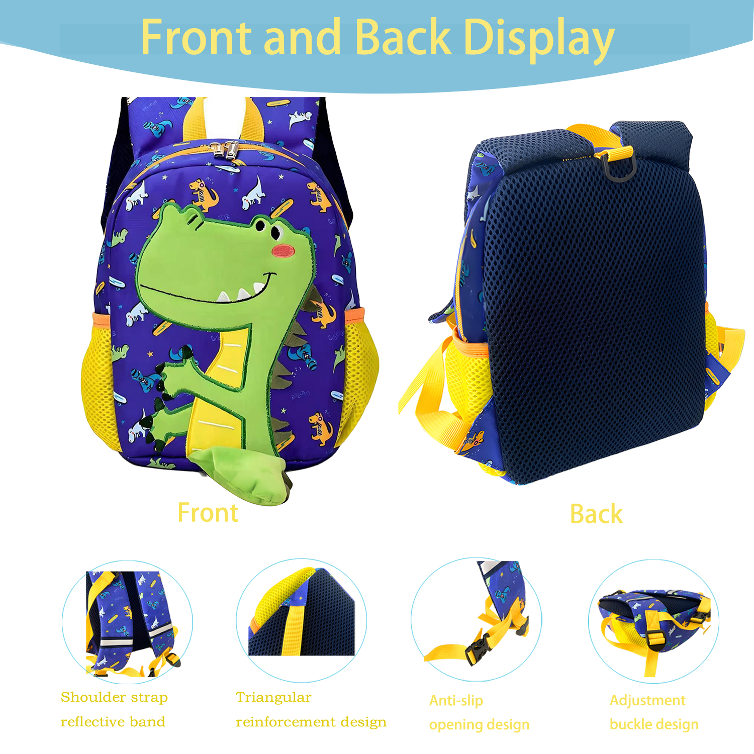 Mochilas para niños pequeños de 2 a 4 años, para escuela, lindas, para kindergarten y preescolar, con estampado de dinosaurio (azul) 4
