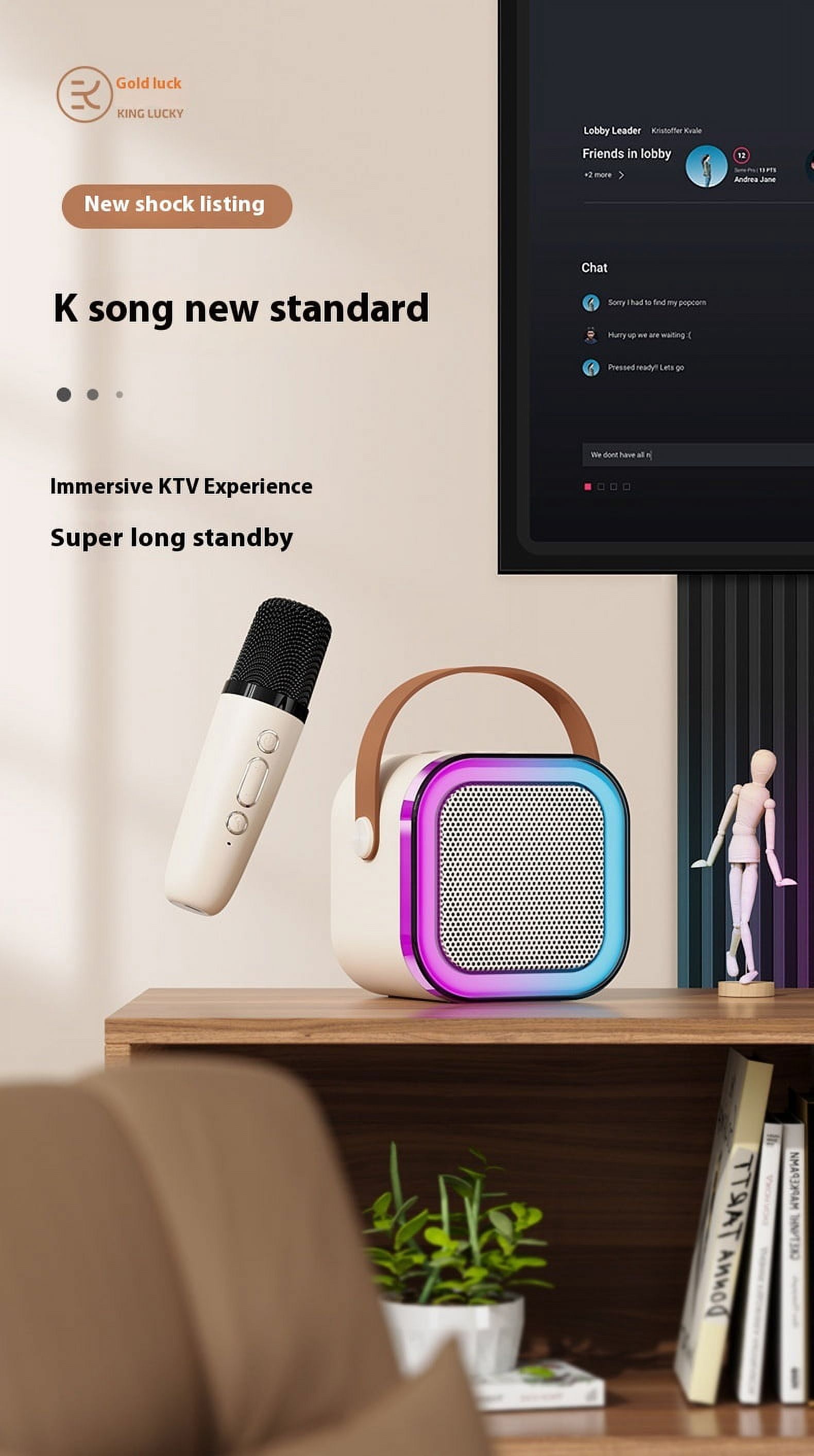 Mini Karaoke Machine for Kids, Portable Bluetooth Karaoke Singing Speaker with 2 Wireless Mics, Colorful Lights, Birthday Gifts for Girls Boys Home Party, Beige