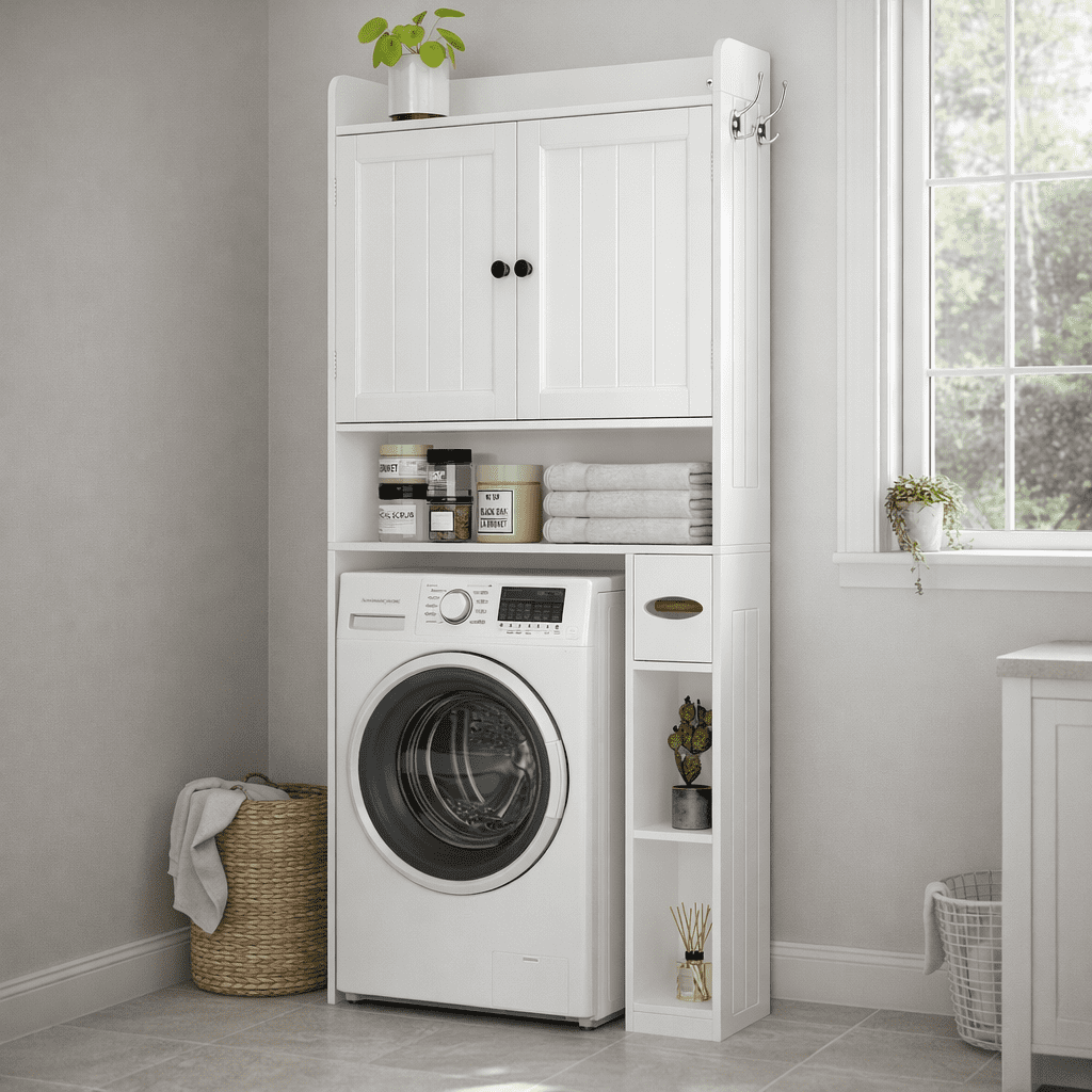 Aiho 70.3" Tall Over the Toilet Storage Cabinet, Bathroom Organizer Above Toilet with Adjustable Shelves & 2 Side Hooks, Space Saver for Bathroom, Laundry, White