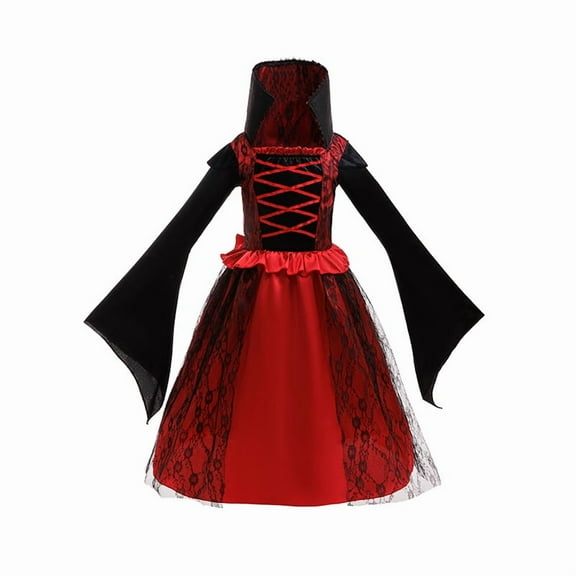 Bellafa Children Vintage Halloween Vampire Dress Toddler Kids Queen Halloween Dress Up Party Cosplay Witch Long Dresses 5-8 Years