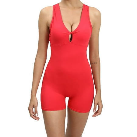 Womens Open Back Jumpsuits One Piece Shorts Bodysuit Rompers Yoga Sleeveless Cut Out V Neck Bodycon Outfits (Small  Red)