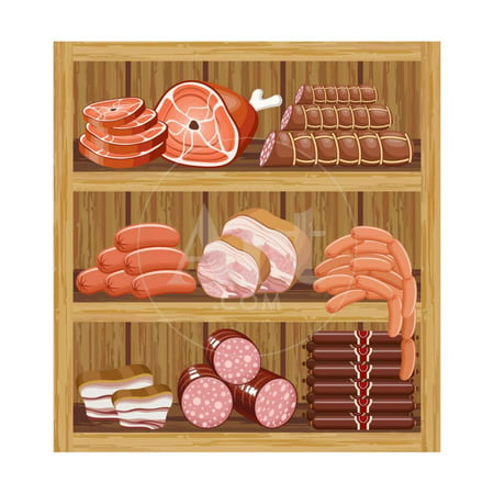 Shelfs with Meat Products. Meat Market. Print Wall Art By