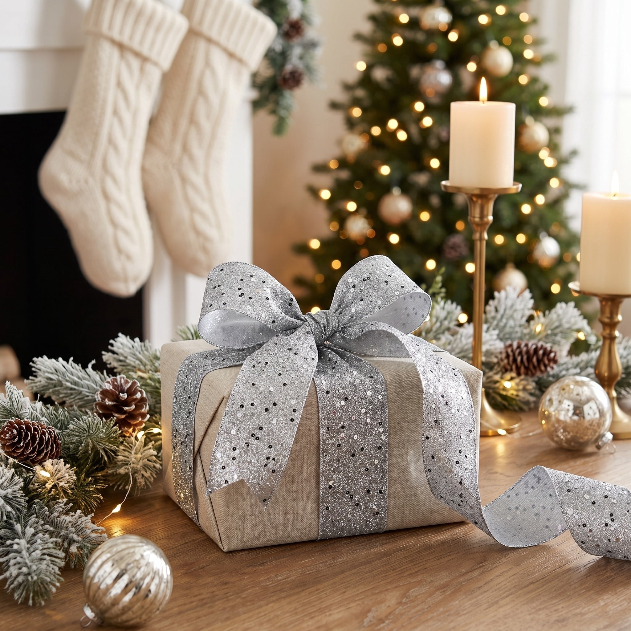 Silver Glitter Christmas Ribbon, 3.5" x 35', by Holiday Time