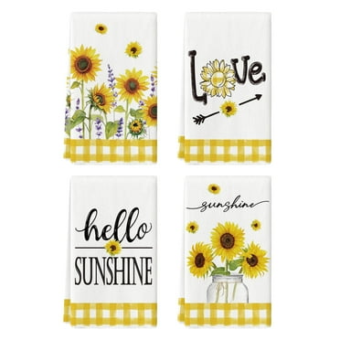 Sm:)e Sunflower Hello Sunshine Summer Kitchen Towels 18x26 Inch Set of 4 Yellow Buffalo Plaid