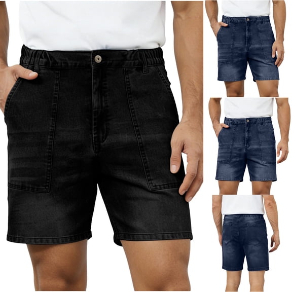 Guluxicc Mens Denim Shorts Button Elastic Waist Jean Shorts Regular Fit Solid Color Summer Casual Jeans with Pockets