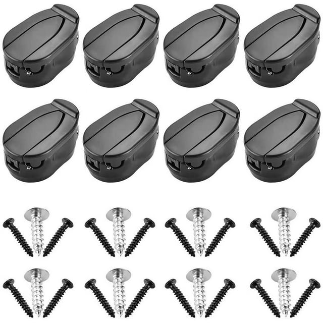 Mini Foldable Golf Ball Picker Upper, Black Plastic Golf Ball Retriever displayed in a set of eight units. Each retriever is made of durable black plastic with a foldable design and a humanized claw for effortless golf ball retrieval. Includes screws for secure attachment to putter grips, ideal as a golf accessory or tool for enthusiasts.