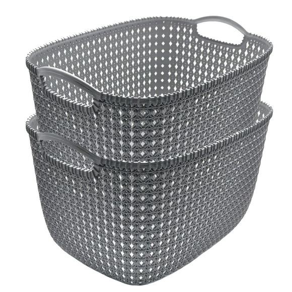 Set De 2 Cestos Organizadores Tipo Tejido De Plástico Gris