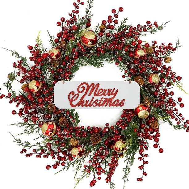 Coronas navideñas de 20 pulgadas para puerta de entrada, corona de invierno para puerta con bayas rojas, bolas navideñas doradas y rojas para puerta de entrada, interior, exterior, granja, festival,