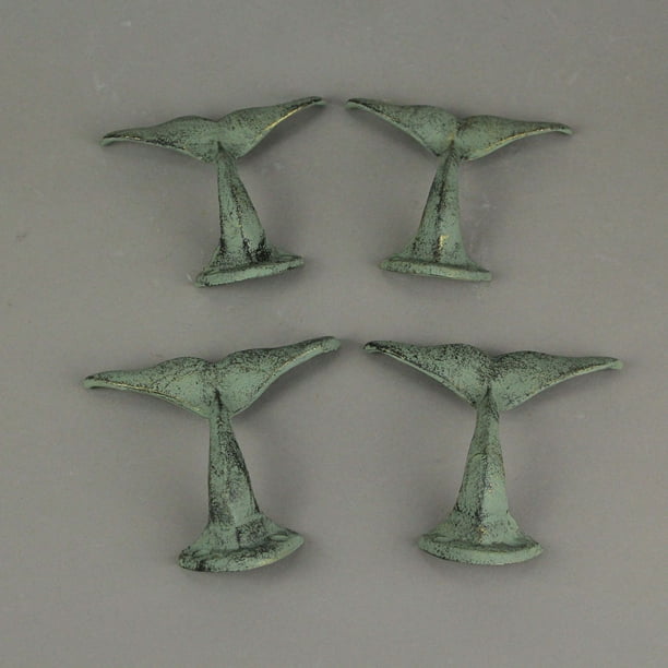 Zeckos Set Of 4 Durable Cast Iron Whale Tail Wall Hooks With Verdigris Green Finish - Nautical Decorative Hooks For Coats, Robes, Or Leashes - 4.5 Inc