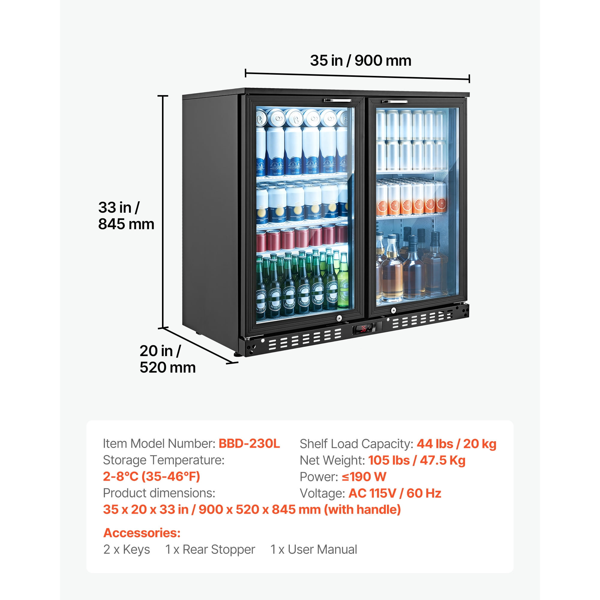KFFKFF Commercial Back Bar Cooler, 7.4 Cu. Ft Beverage Refrigerator with Dual Glass Doors, LED Lighting, Adjustable Shelves, and Low-E Glass for Storing Beer, Soda, Wine, and Other Drinks