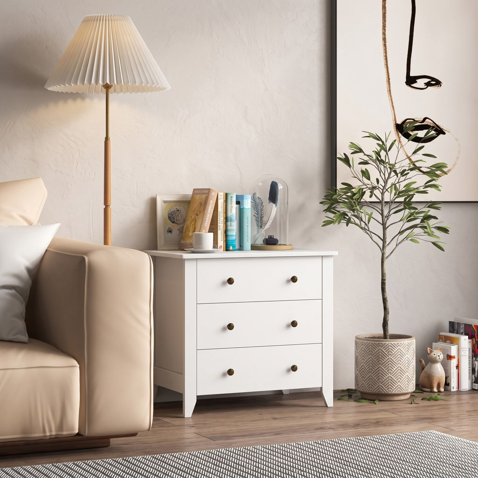 Furnibear 3-Drawer Dresser Chest and Bedside Table with Mute Slide Guides and Antique Brass Knobs for Bedroom and Entryway, White