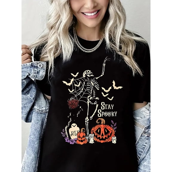 Halloween Tshirt Dancing Skeleton Print Short Sleeve Shirt for Women