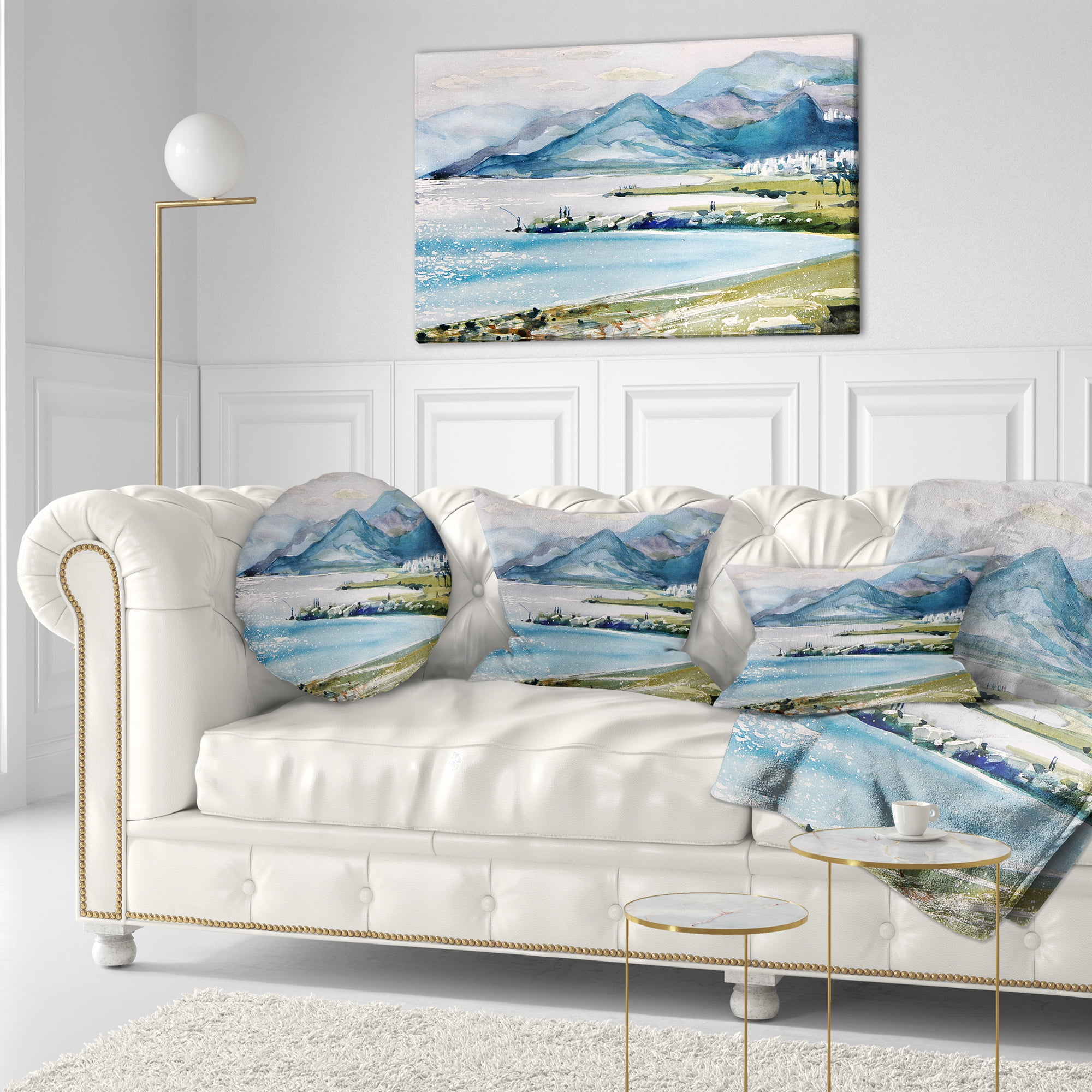 Designart Blue Hills Over Sea - Landscape Printed Throw Pillow - 12x20