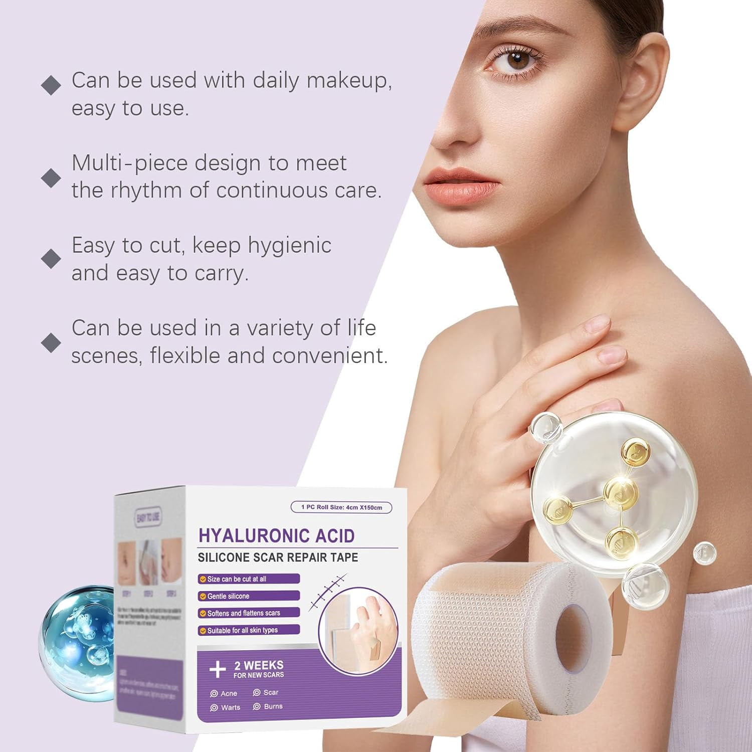 Hyaluronic Acid Nano Repair Tape, Silicone Scar Tape for Face Wrinkles, Hyaluronic Acid Tape for Scars, Scar Tape for All Skin Types, 1.6''×60 IN Roll-1.5M (6PCS)
