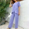thumbnail image 4 of Two Piece Sets for Women Trendy Casual Short Sleeve Round Neck Solid Top and Elastic Waist Long Pants Sets, 4 of 9