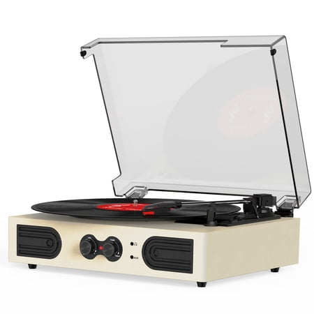 Portable Bluetooth Record Player Turntable for Vinyl Records with Built-in Speaker and Treble/Bass Control, Vintage 3-Speed Belt-Driven LP Player Support RCA Audio Out AUX-in Headphone Jack, Beige