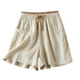 thumbnail image 3 of Jacenvly New Ladies Casual Shorts Women'S Fashionable Solid Color Cotton Linen Retro Loose Pocket Trousers Middle Pants Shorts Breathable Elastic High Waist Womens Clothes Summer Shorts Beige, 3 of 4