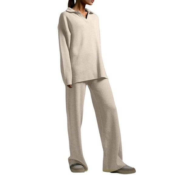 Women Fall 2 Piece Outfits Sweatsuits V-Neck Long Sleeve Sweatshirt Wide Leg Pants Tracksuit Lounge Sets Cream White M