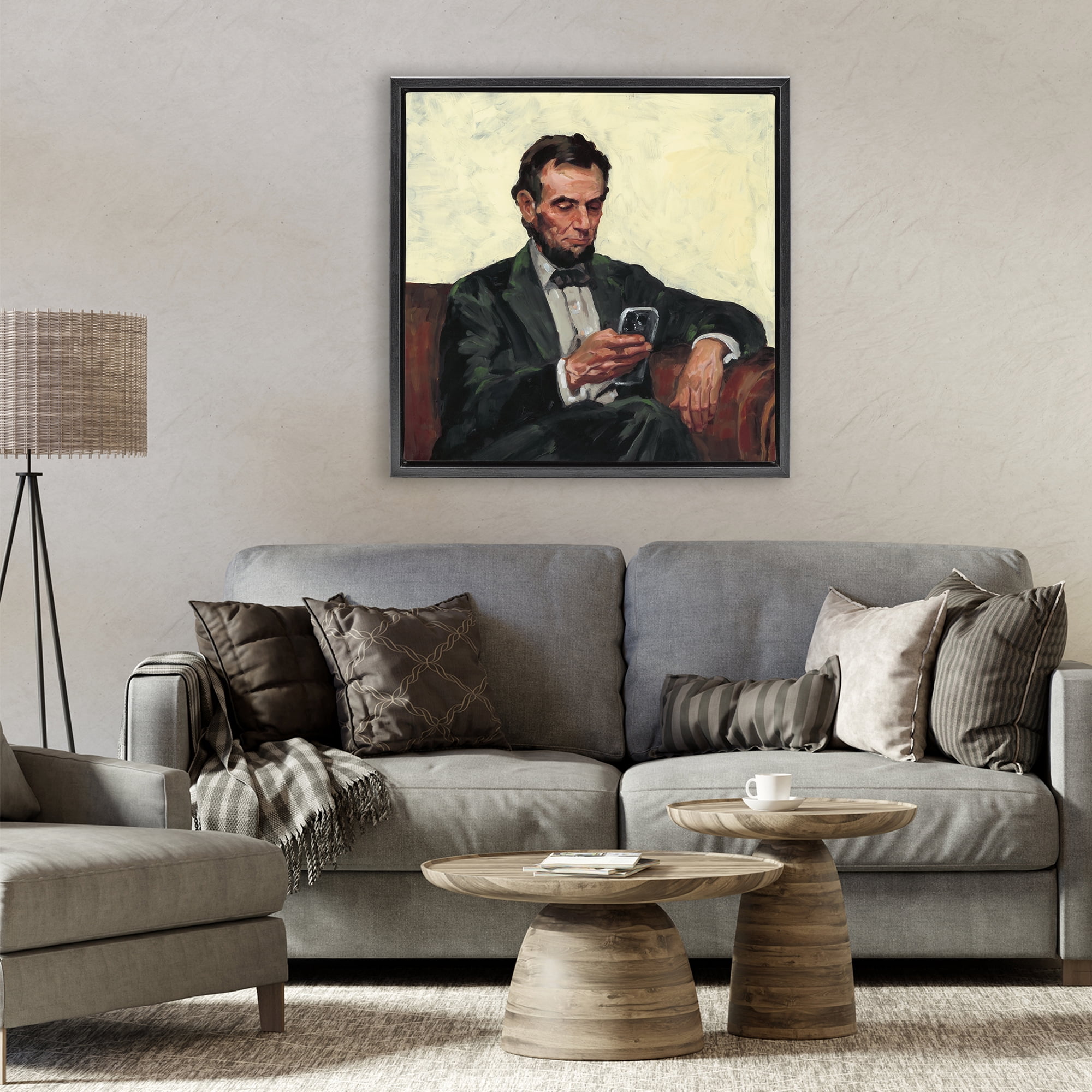 Stupell Industries Abe with Cellphone Black Framed Floater Canvas Wall Art, design by Studio Bautista