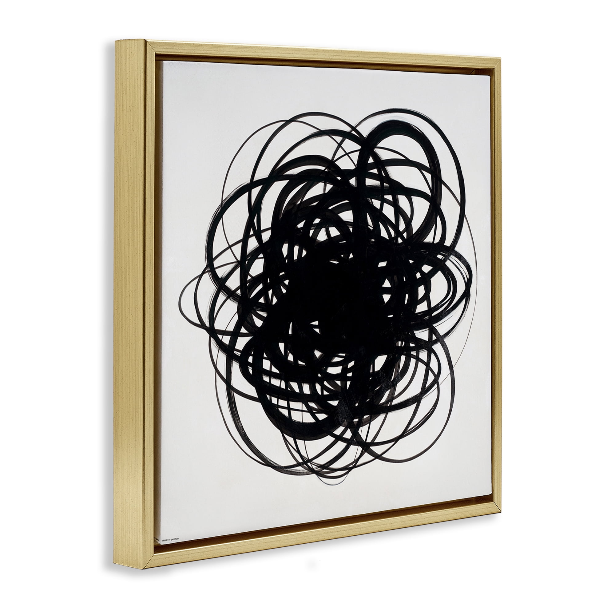Stupell Industries Black Chaotic Scribble Abstract Painting Gold Floater Framed Canvas Art Print Wall Art, 25 x 25