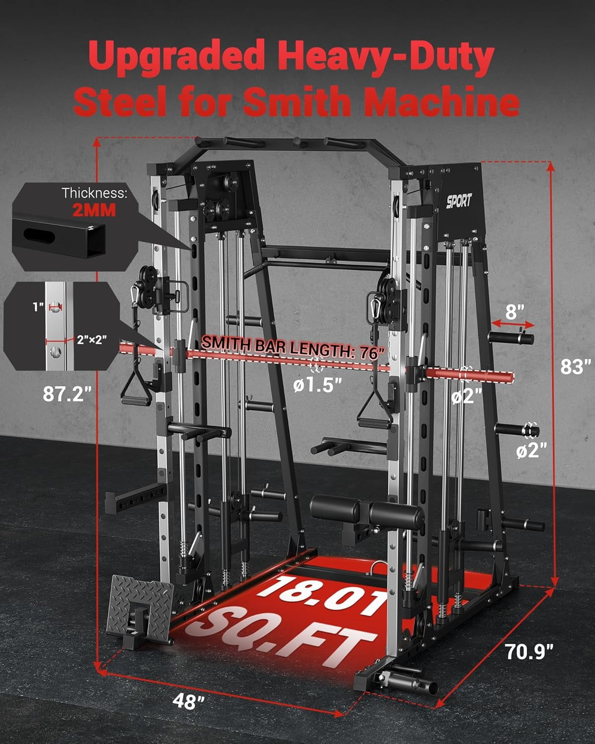 IdealHouse 2200LBS Smith Machine Home Gym, All-in-One Power Cage Squat Rack with LAT Pull-Down, Dual Pulleys & Attachments, Black