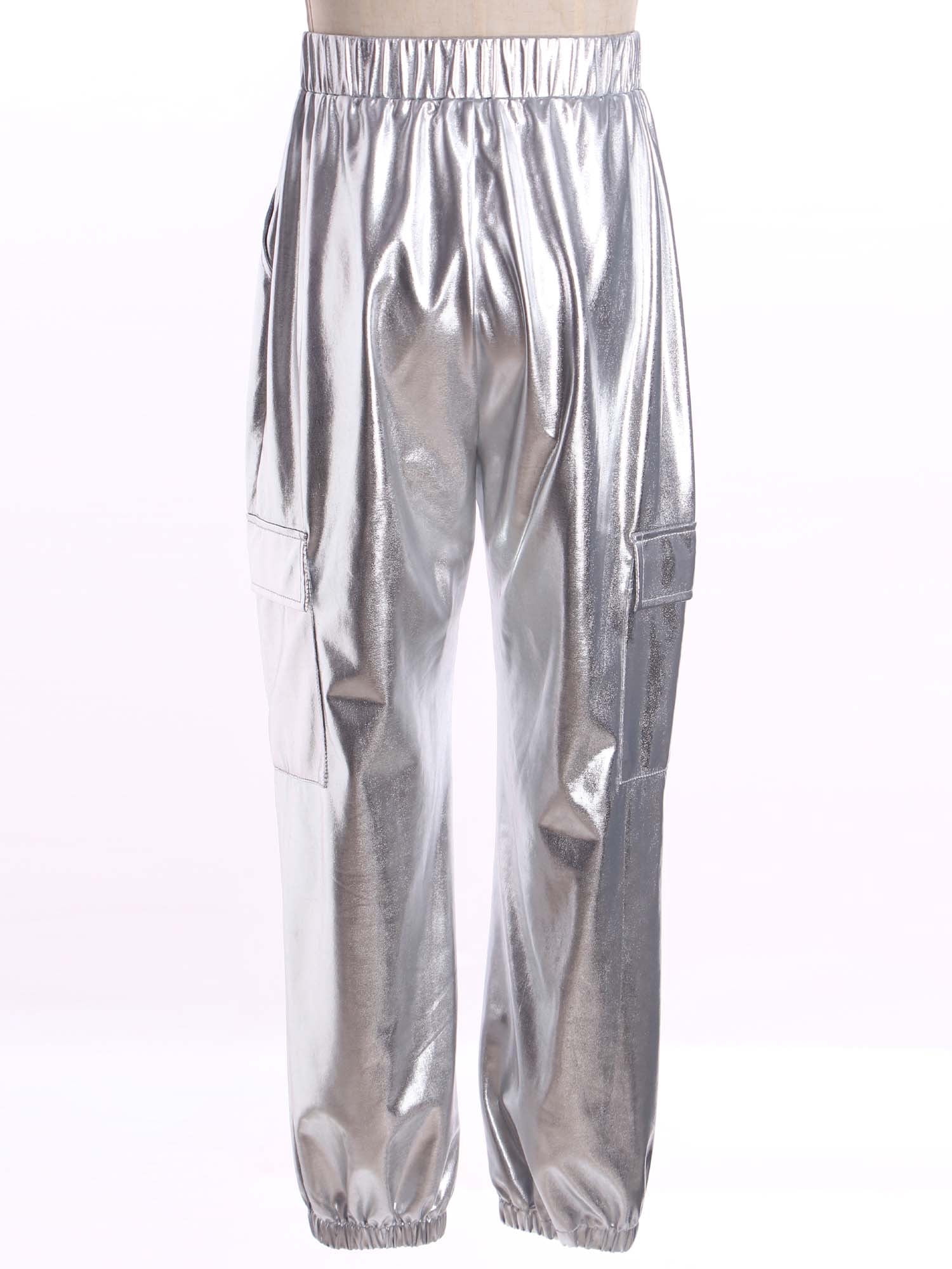 RUNQHUI Girls Boys Metallic Shiny Cargo Pants Kids Multi Pockets Joggers Holographic Hip Hop Jazz Dance Trousers Silver 6