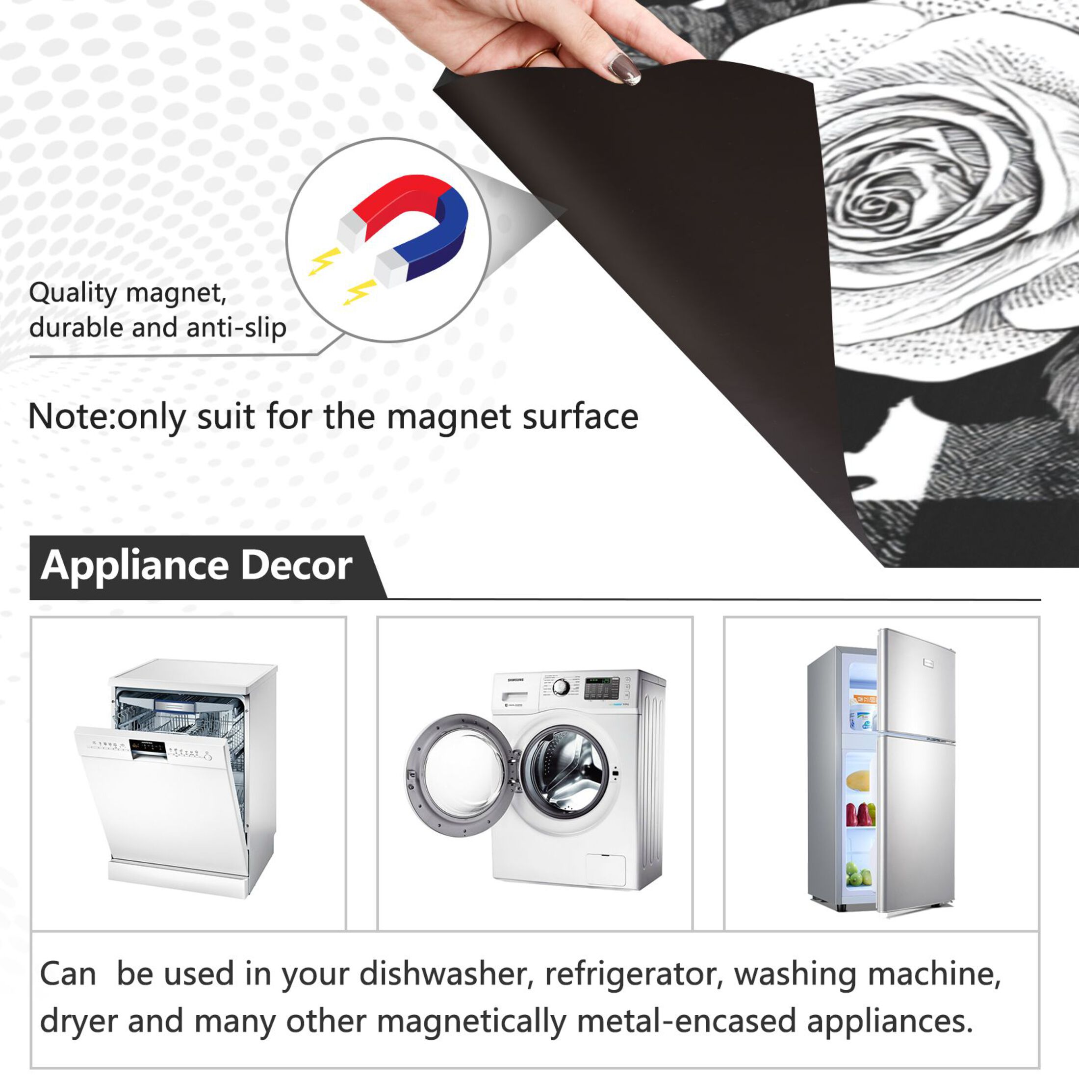 Dishwasher Magnetic Refrigerator Magnet Cover Sticker Home Decorative 23"x26" White Rose Pattern