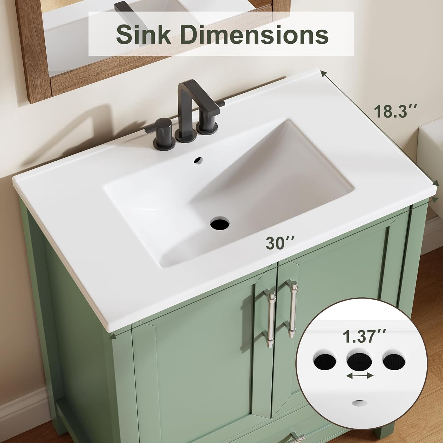 30" Bathroom Vanity with Sink, Vintage Bathroom Cabinet Vanity with Doors & Drawers, Farmhouse Wooden Freestanding Bathroom Cabinet with Top