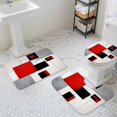 thumbnail image 3 of Black Red Square Bathroom Rugs Set Geometric Abstract Non Slip Absorbent Soft Bath Mats 3 Piece Set with Bathroom Rug, U-Shaped Floor Mat, Toilet Seat Cover Small Size, 3 of 9