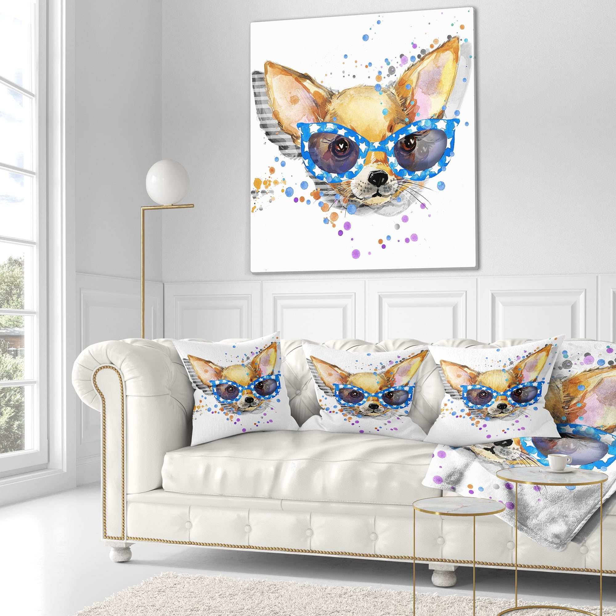Designart Cute Puppy with Blue Glasses - Animal Throw Pillow - 16x16