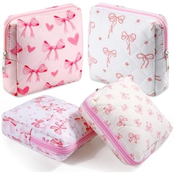 4 count Mini Quilted Floral Makeup Bag Women Gifts Small  Bag Floral Quilted Makeup Pouch with Zipper Cute Travel Toiletry for Mom Teacher Women Girls Gifts( Bow)