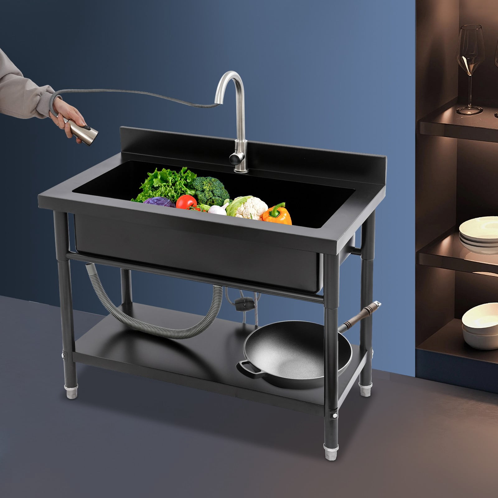 ToppiJoy Stainless Steel Single Bowl Utility Sink, Freestanding Laundry Sink with Pull-Out Faucet for Laundry Room Indoor Outdoor (Black)