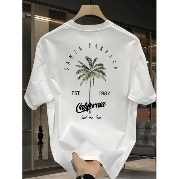 Men'S Heavy Duty 100% Cotton T-Shirt - California Palm Tree and Letter Print, Loose Casual Short Sleeve T-Shirt TEE TOP Breathable Fabric Daily T-Shirt | Crew Neck | Knitted Material, Summer Gifts
