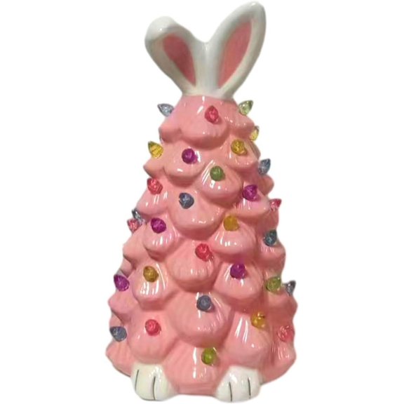 2025 Newly Lighted Easter Bunny Ceramic Tabletop Tree 9.6inch Pre-Lit Rabbit Figurines with Colorful Lamp Beads and Bunny Ear Top Spring Easter Holiday Decor Gifts (Pink)