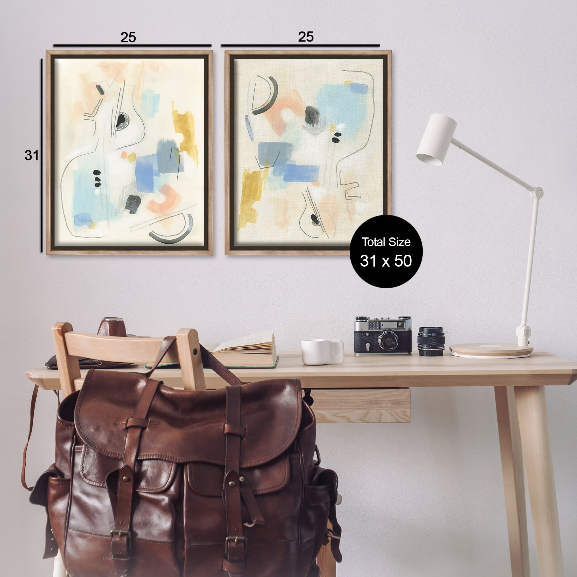 Stupell Industries Pastel Shapes Lines Patches Abstract Painting Brown Floater Framed Canvas Art Print Wall Art, 31 x 25, Set of 2