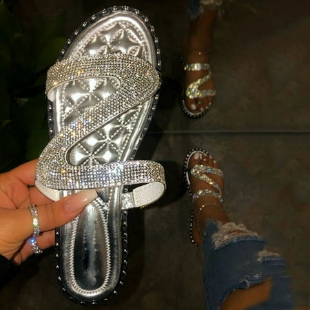 

Alueeu Women s sandals Summer Women Rhinestone Slip-On Open Toe Flat Breathable Sandals Beach Shoes