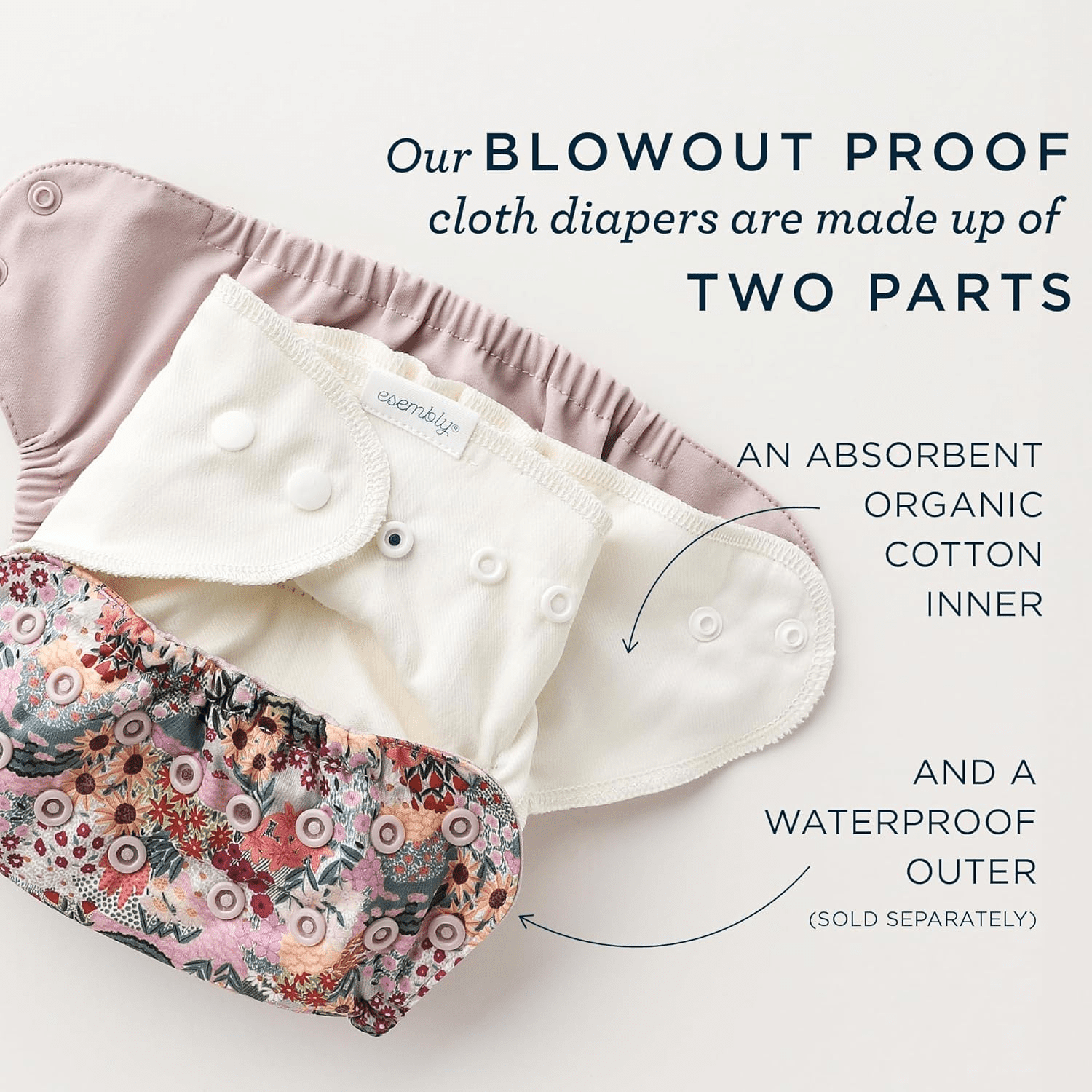 Esembly Cloth Diaper Inner - Organic Cotton Fitted Diaper- Soft, Ultra-Absorbant, Trim-Fitting Layer to Pair with Waterproof Outer for Blowout-Proof Diapering - 3-Pack, Size 1 (7-17lbs)