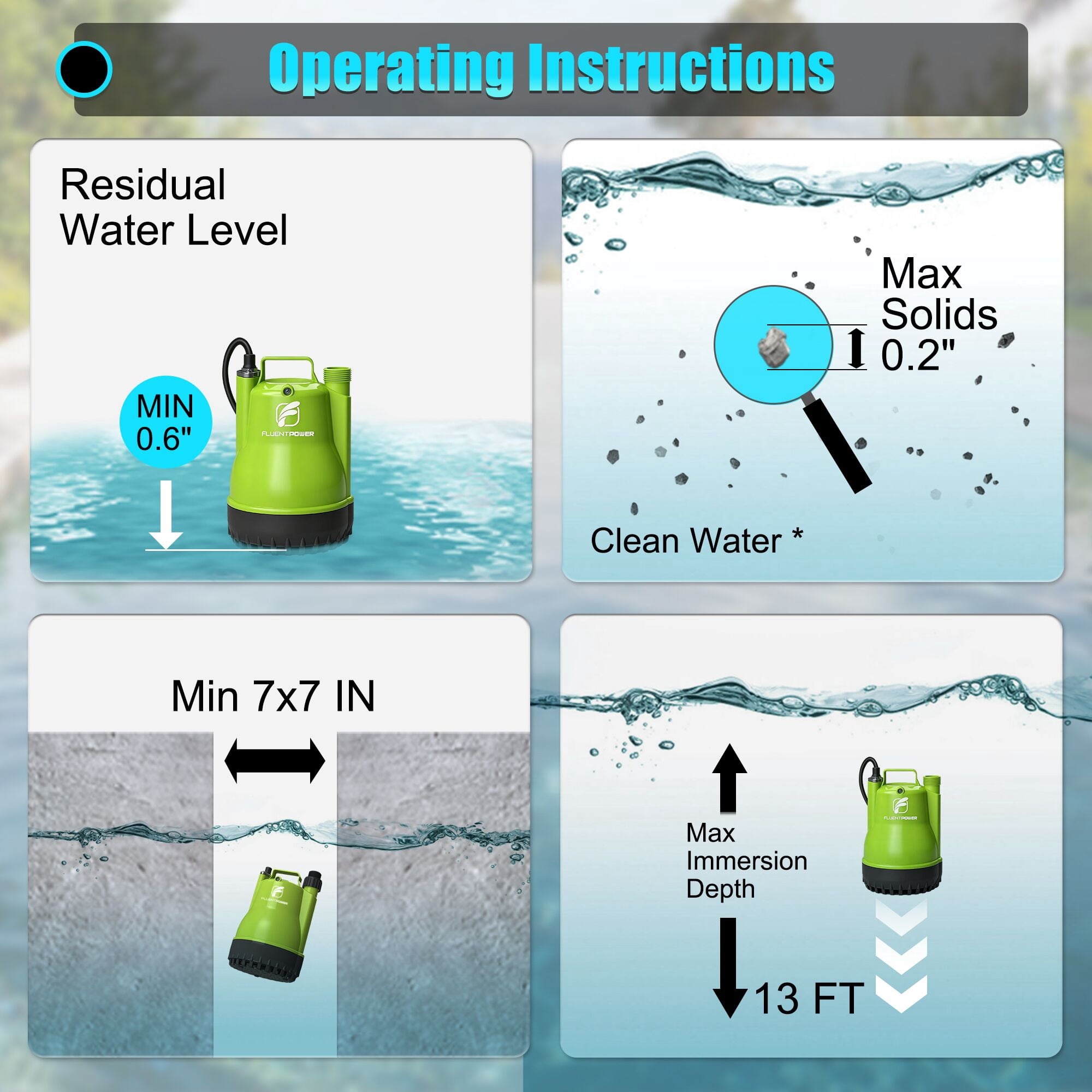 FLUENTPOWER 1/4HP Utility Pump 1900GPH Portable Submersible Sump Pump, Manual Control with 16.4 Ft Cord for Draining Water from Pool Pond Garden Hot Tub Basement Tankless Heater Liquids