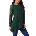 thumbnail image 2 of INSPIRE CHIC Women's Lace Long Sleeve Crewneck High Low Asymmetrical Hem Blouse M Dark Green, 2 of 5