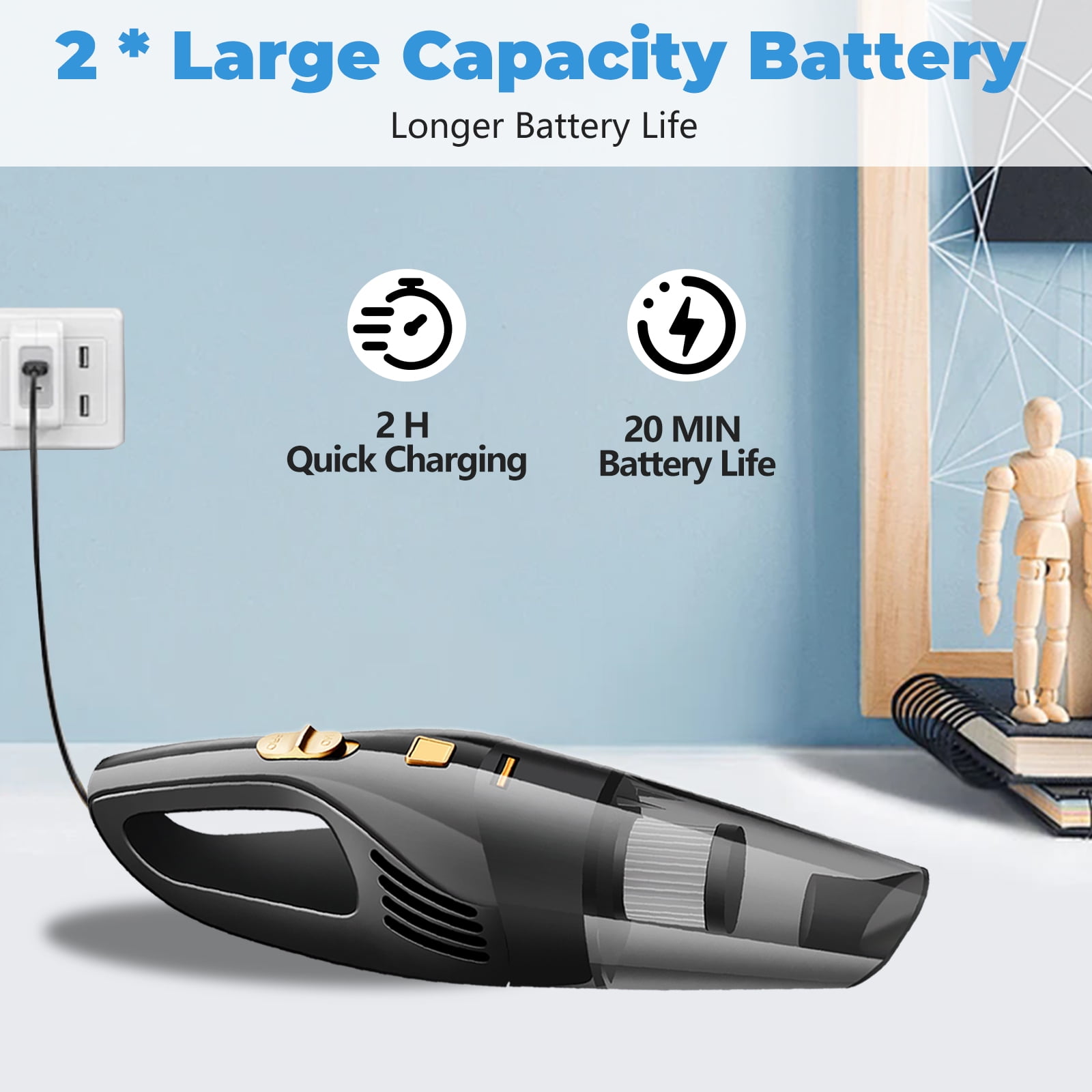 Cordless Handheld Car Vacuum, Portable Vacuum Cleaner, 12000PA Powerful Suction for Car, Black