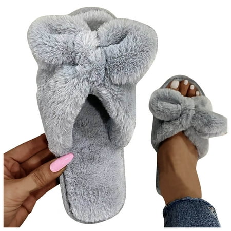 

A1 new home gifts for home Women s Fashion Bowknot Warm Pure Color Comfortable Plush Cotton Slippers Furry Grey