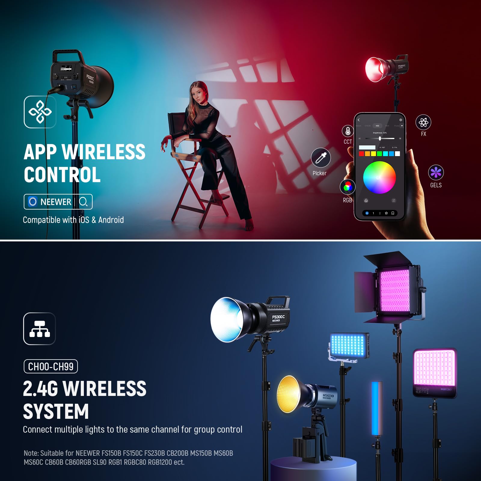 Neewer FS300C 300W RGB COB Video Light, 2500-7500K, 29000lux/1m, CRI95+, Bowens Mount, App/2.4G Control